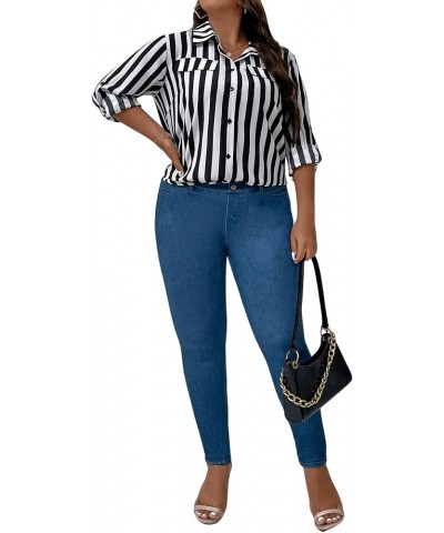 Women's Plus Size Long Sleeve Striped Print Blouse Button Front Belted Shirt Black and White $18.55 Blouses