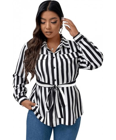 Women's Plus Size Long Sleeve Striped Print Blouse Button Front Belted Shirt Black and White $18.55 Blouses