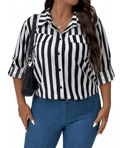 Women's Plus Size Long Sleeve Striped Print Blouse Button Front Belted Shirt Black and White $18.55 Blouses