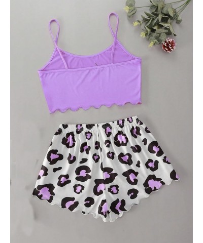 Women's Cartoon Print Lettuce Trim Cami Top and Shorts Cute Pajama Set Sleepwear Purple and White Print $9.86 Sleep & Lounge