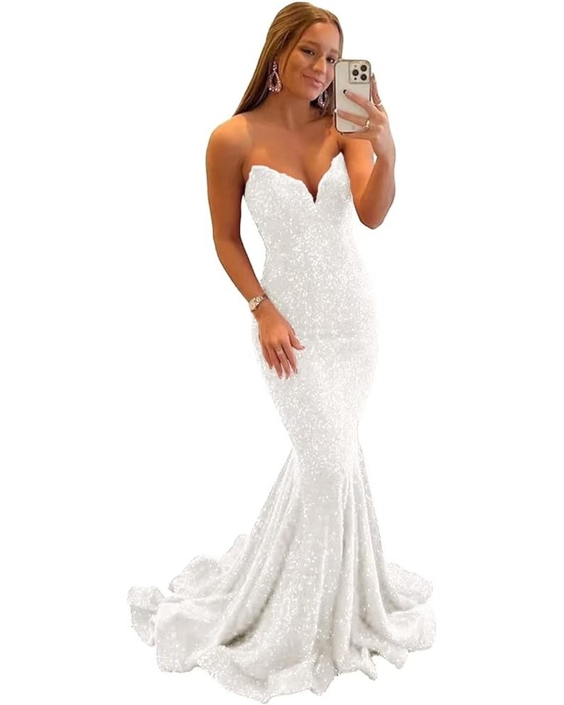 Sequin Mermaid Prom Dresses for Women Sparkly Long Sexy Strapless V Neck Bodycon Formal Evening Party Gowns White $32.63 Dresses