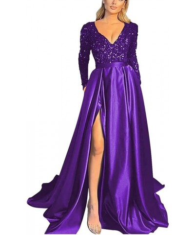 V Neck Long Sleeve Sequin Satin Prom Dresses 2022 Mermaid Formal Gown and Evening Dress with Slit Purple $33.11 Dresses