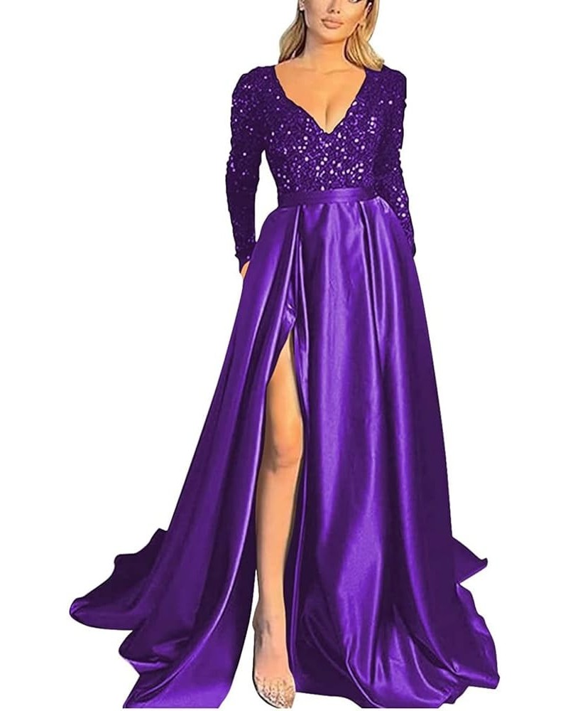 V Neck Long Sleeve Sequin Satin Prom Dresses 2022 Mermaid Formal Gown and Evening Dress with Slit Purple $33.11 Dresses