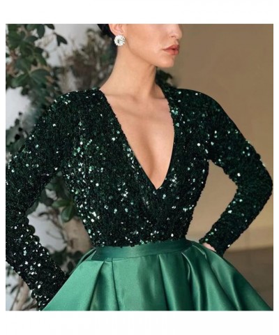 V Neck Long Sleeve Sequin Satin Prom Dresses 2022 Mermaid Formal Gown and Evening Dress with Slit Purple $33.11 Dresses