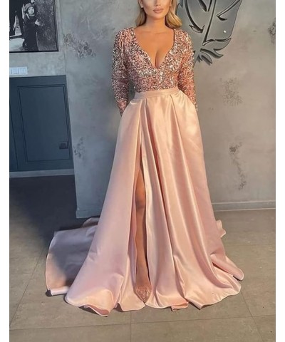 V Neck Long Sleeve Sequin Satin Prom Dresses 2022 Mermaid Formal Gown and Evening Dress with Slit Purple $33.11 Dresses