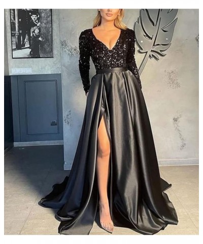 V Neck Long Sleeve Sequin Satin Prom Dresses 2022 Mermaid Formal Gown and Evening Dress with Slit Purple $33.11 Dresses