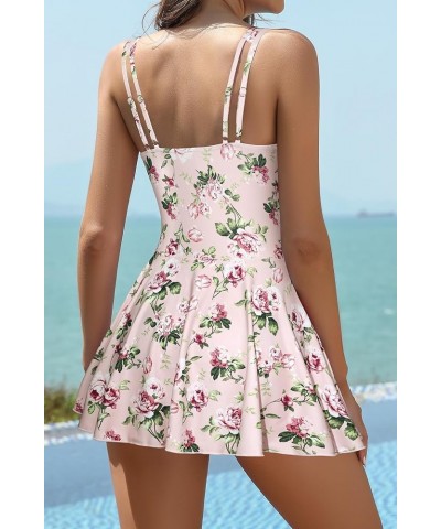 Women's Swimsuits Tummy Control Dress One Piece Swimsuit V Neck Bathing Plus Size Swimwear Pink Rose $25.93 Swimsuits