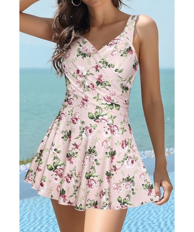 Women's Swimsuits Tummy Control Dress One Piece Swimsuit V Neck Bathing Plus Size Swimwear Pink Rose $25.93 Swimsuits