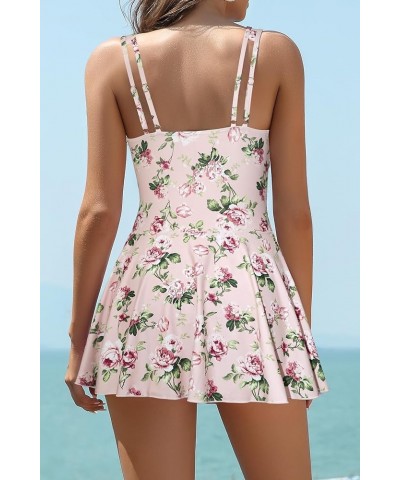 Women's Swimsuits Tummy Control Dress One Piece Swimsuit V Neck Bathing Plus Size Swimwear Pink Rose $25.93 Swimsuits