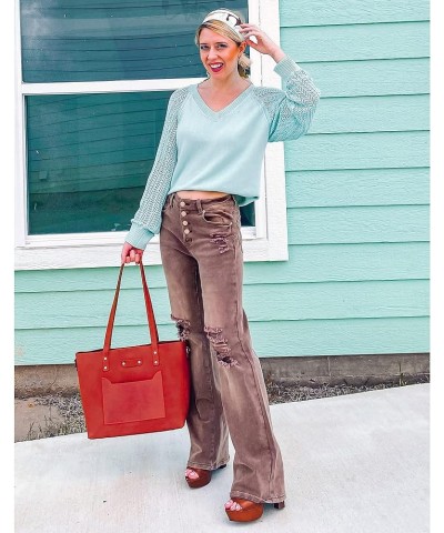 High Waisted Ripped Flare Jeans for Women Distressed Bell Bottom Jeans Wide Leg Pants Pecan Brown $21.12 Jeans