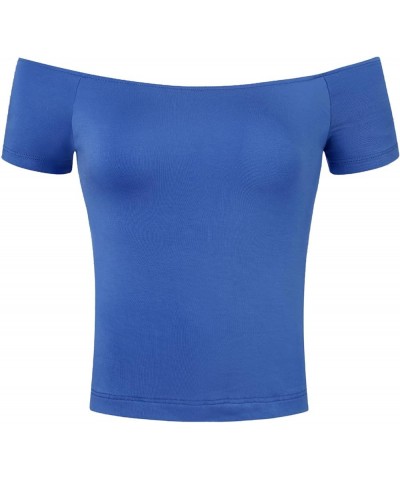 Women's Off Shoulder Top Short Sleeve Halloween Solid Basic Sexy Slim Fit Tees Royal Blue $8.81 T-Shirts