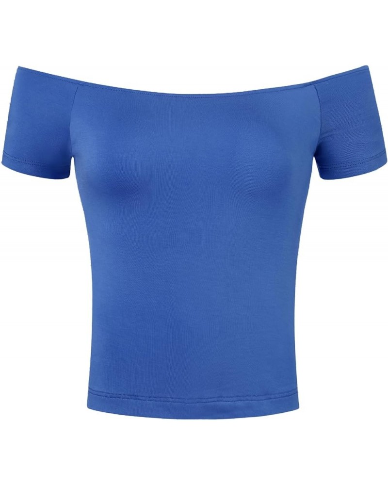 Women's Off Shoulder Top Short Sleeve Halloween Solid Basic Sexy Slim Fit Tees Royal Blue $8.81 T-Shirts