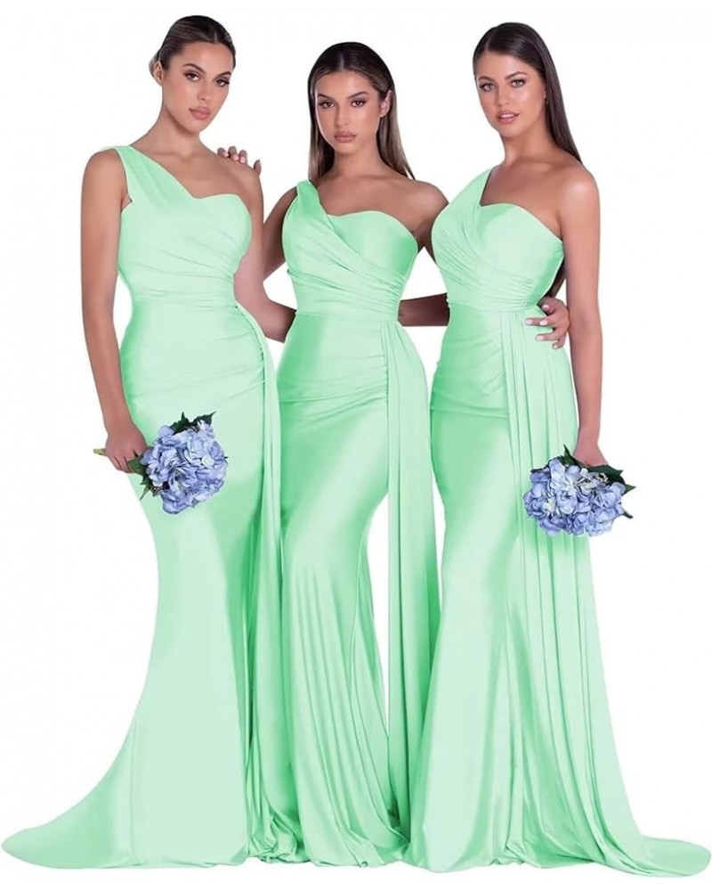 Women's One Shoulder Bridesmaid Dresses for Wedding Long Satin Mermaid Prom Dresses with Train Formal Evening Gowns Mint $28....