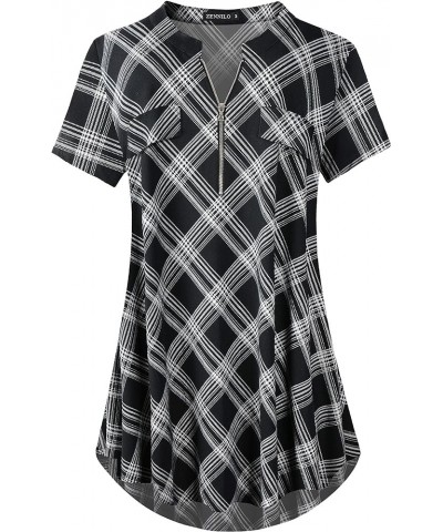 Women's Shirt Zip Plaid V Neck Short Sleeve Casual Summer Tunic Tops 9-black $13.16 Tops