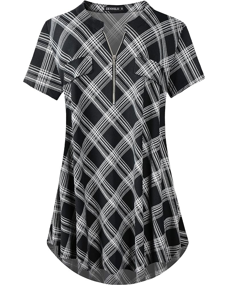 Women's Shirt Zip Plaid V Neck Short Sleeve Casual Summer Tunic Tops 9-black $13.16 Tops