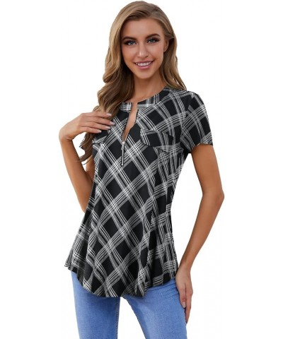 Women's Shirt Zip Plaid V Neck Short Sleeve Casual Summer Tunic Tops 9-black $13.16 Tops