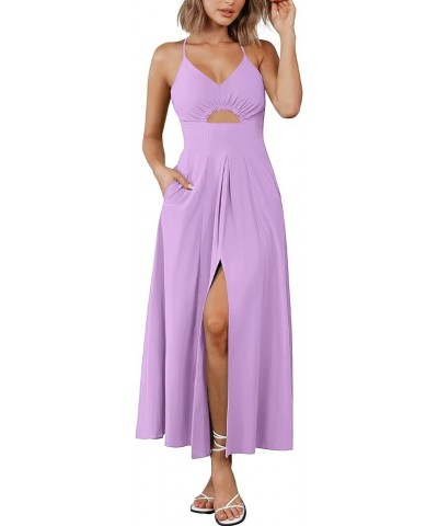 Women 2024 Summer Spaghetti Strap Dress Sleeveless V Neck Cutout Slit Casual Beach Party Maxi Dresses with Pockets Solid Ligh...