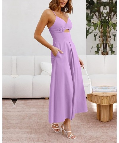 Women 2024 Summer Spaghetti Strap Dress Sleeveless V Neck Cutout Slit Casual Beach Party Maxi Dresses with Pockets Solid Ligh...