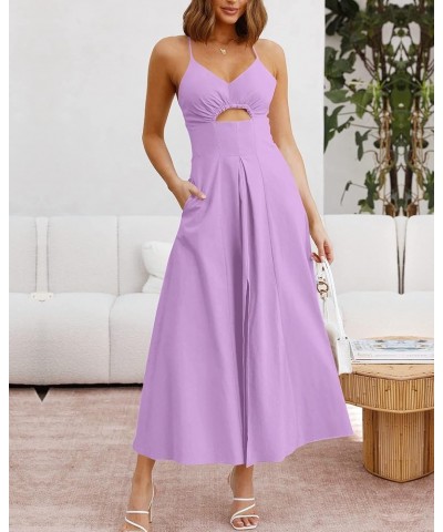 Women 2024 Summer Spaghetti Strap Dress Sleeveless V Neck Cutout Slit Casual Beach Party Maxi Dresses with Pockets Solid Ligh...