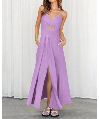 Women 2024 Summer Spaghetti Strap Dress Sleeveless V Neck Cutout Slit Casual Beach Party Maxi Dresses with Pockets Solid Ligh...