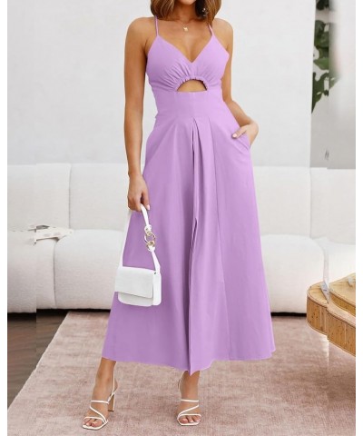 Women 2024 Summer Spaghetti Strap Dress Sleeveless V Neck Cutout Slit Casual Beach Party Maxi Dresses with Pockets Solid Ligh...