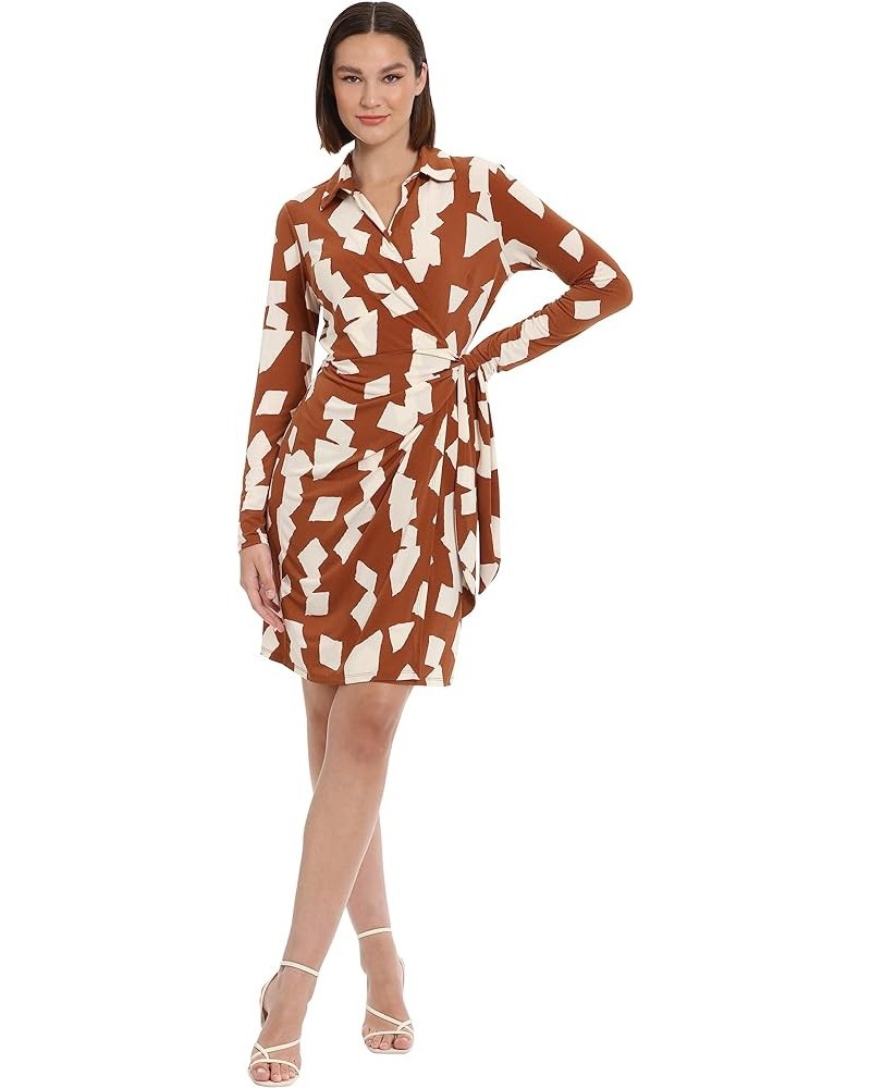 Women's Long Sleeve Wrap Dress Workwear Career Desk to Dinner Event Party Guest of Brown/Ivory $23.44 Dresses