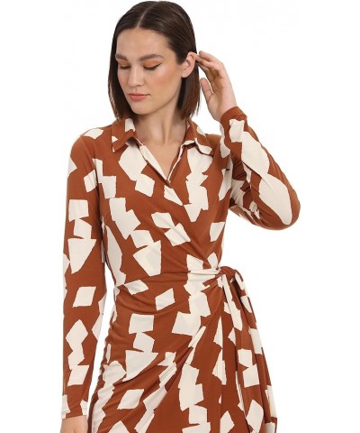 Women's Long Sleeve Wrap Dress Workwear Career Desk to Dinner Event Party Guest of Brown/Ivory $23.44 Dresses