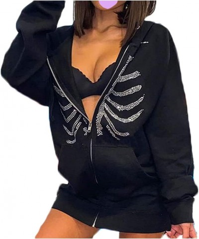 Women Butterfly Skull Long Sleeve Zip Up Hoodie Jacket Lightweight Sweatshirt Coat with Kangaroo Pocket Rhinestone Skeleton B...