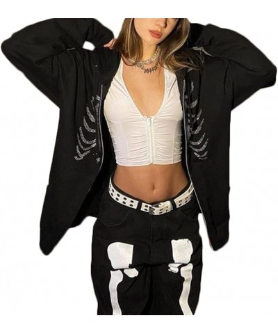 Women Butterfly Skull Long Sleeve Zip Up Hoodie Jacket Lightweight Sweatshirt Coat with Kangaroo Pocket Rhinestone Skeleton B...