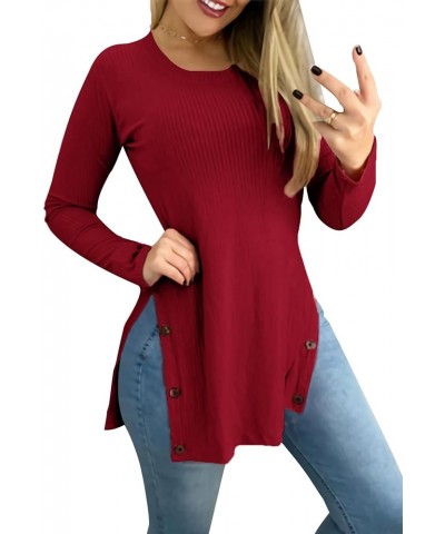 Women's Button Split Slit Sides Scoop Neck Long Sleeve Blouse Tunic Top Burgundy $14.10 Blouses