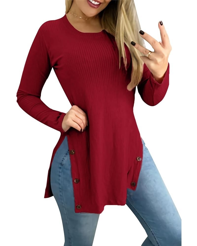 Women's Button Split Slit Sides Scoop Neck Long Sleeve Blouse Tunic Top Burgundy $14.10 Blouses