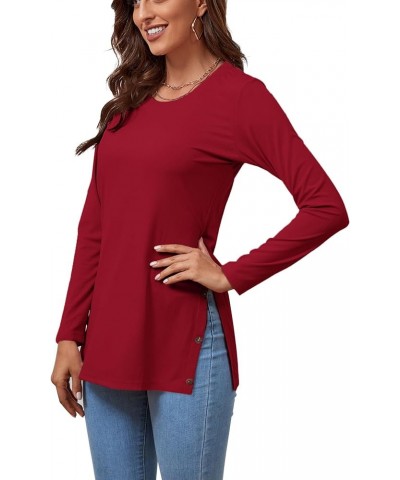 Women's Button Split Slit Sides Scoop Neck Long Sleeve Blouse Tunic Top Burgundy $14.10 Blouses