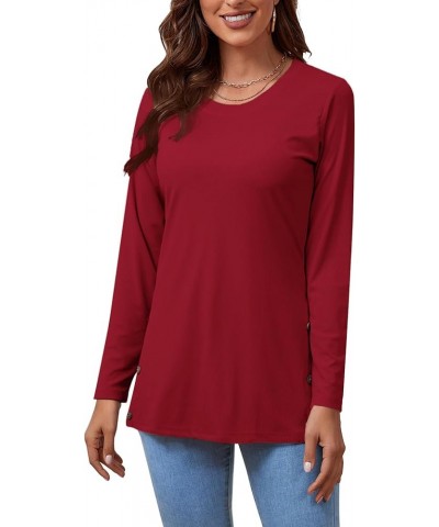 Women's Button Split Slit Sides Scoop Neck Long Sleeve Blouse Tunic Top Burgundy $14.10 Blouses