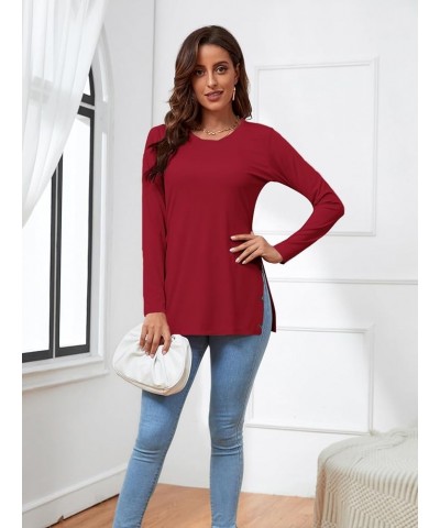 Women's Button Split Slit Sides Scoop Neck Long Sleeve Blouse Tunic Top Burgundy $14.10 Blouses