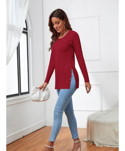 Women's Button Split Slit Sides Scoop Neck Long Sleeve Blouse Tunic Top Burgundy $14.10 Blouses