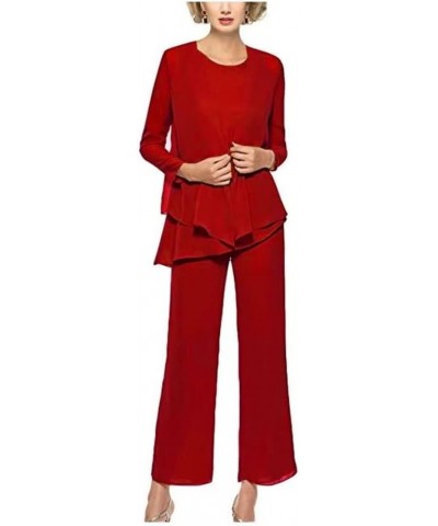 Women's Mother of The Bride Pantsuits for Wedding Chiffon Evening Gown with Jacket 3PCs Wedding Guest Outfit Set Red $19.74 S...