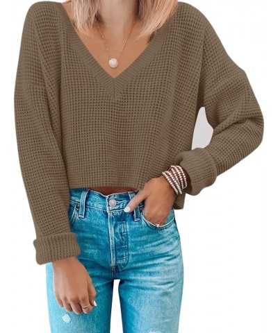 Women's Waffle Knit Cropped Top V Neck Long Sleeve Pullover Sweater Casual Solid Crop Sweatshirts Khaki $20.66 Activewear