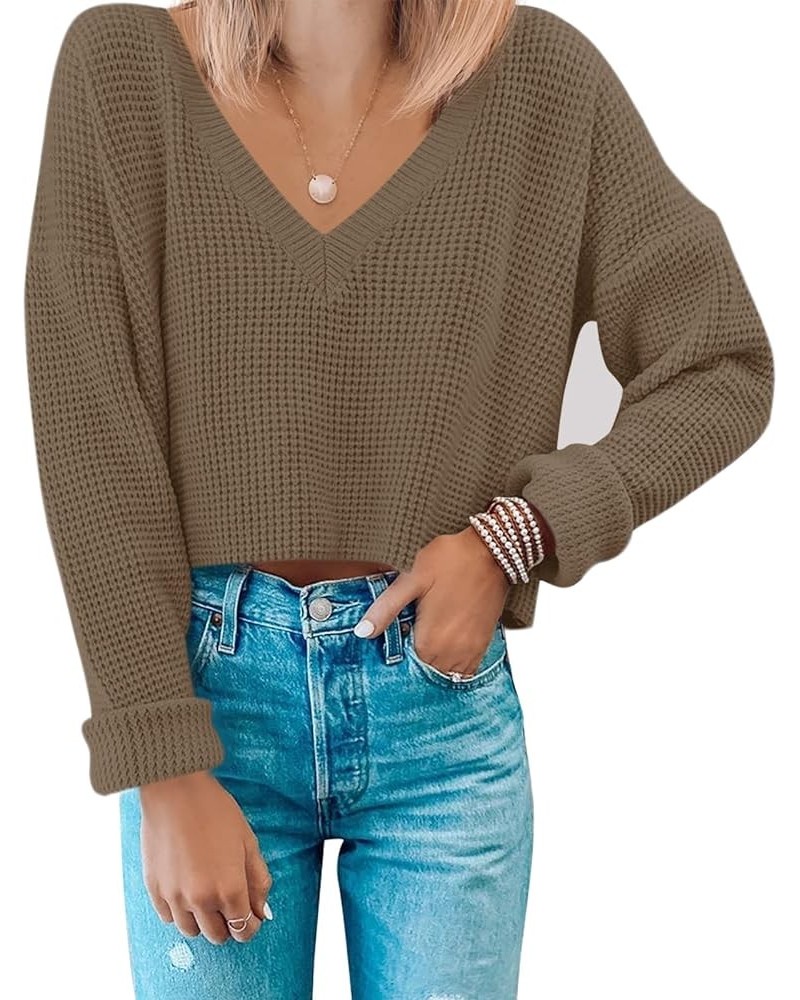 Women's Waffle Knit Cropped Top V Neck Long Sleeve Pullover Sweater Casual Solid Crop Sweatshirts Khaki $20.66 Activewear