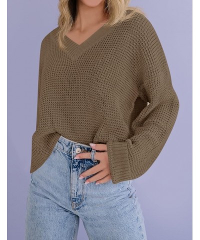 Women's Waffle Knit Cropped Top V Neck Long Sleeve Pullover Sweater Casual Solid Crop Sweatshirts Khaki $20.66 Activewear