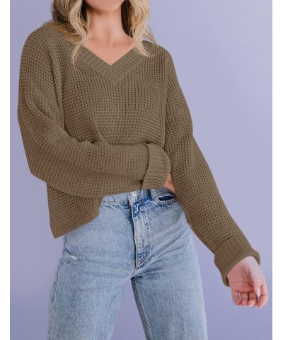 Women's Waffle Knit Cropped Top V Neck Long Sleeve Pullover Sweater Casual Solid Crop Sweatshirts Khaki $20.66 Activewear