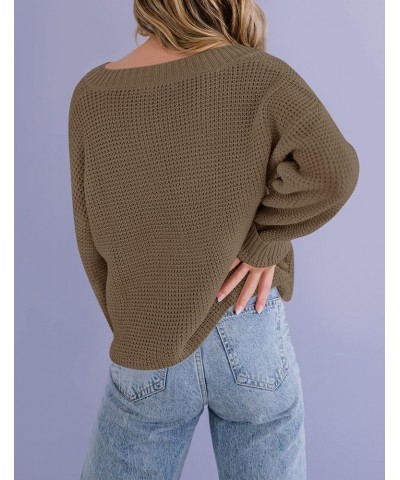 Women's Waffle Knit Cropped Top V Neck Long Sleeve Pullover Sweater Casual Solid Crop Sweatshirts Khaki $20.66 Activewear