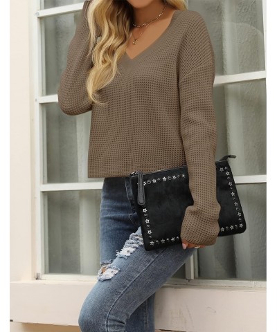 Women's Waffle Knit Cropped Top V Neck Long Sleeve Pullover Sweater Casual Solid Crop Sweatshirts Khaki $20.66 Activewear