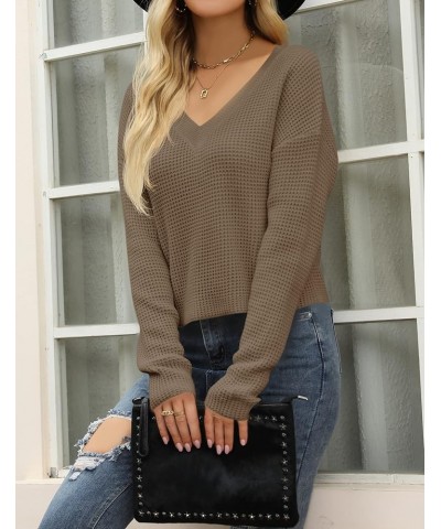 Women's Waffle Knit Cropped Top V Neck Long Sleeve Pullover Sweater Casual Solid Crop Sweatshirts Khaki $20.66 Activewear