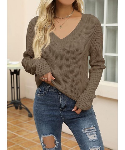 Women's Waffle Knit Cropped Top V Neck Long Sleeve Pullover Sweater Casual Solid Crop Sweatshirts Khaki $20.66 Activewear