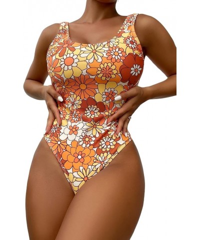 Women's Floral One Piece Swimsuit Tummy Control Scoop Neck Cute Bathing Suit Yellow & Orange Multi $11.00 Swimsuits