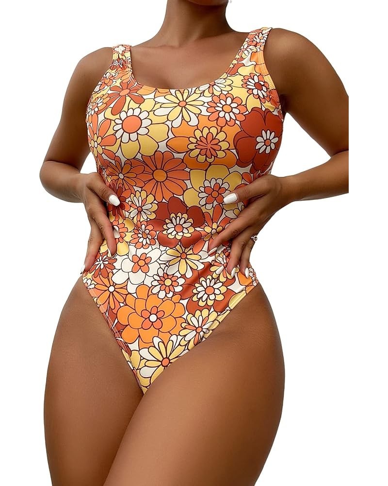 Women's Floral One Piece Swimsuit Tummy Control Scoop Neck Cute Bathing Suit Yellow & Orange Multi $11.00 Swimsuits