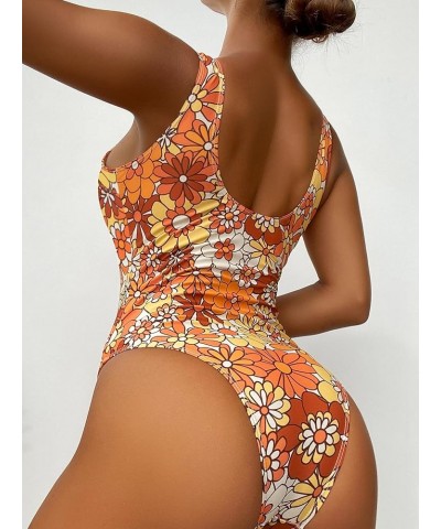 Women's Floral One Piece Swimsuit Tummy Control Scoop Neck Cute Bathing Suit Yellow & Orange Multi $11.00 Swimsuits