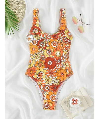 Women's Floral One Piece Swimsuit Tummy Control Scoop Neck Cute Bathing Suit Yellow & Orange Multi $11.00 Swimsuits