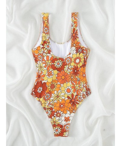 Women's Floral One Piece Swimsuit Tummy Control Scoop Neck Cute Bathing Suit Yellow & Orange Multi $11.00 Swimsuits