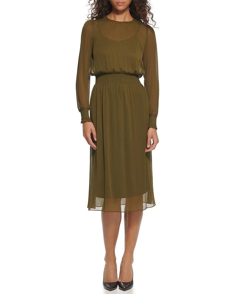 Women's Sintched Waist Midi Dress Dark Olive $22.18 Dresses